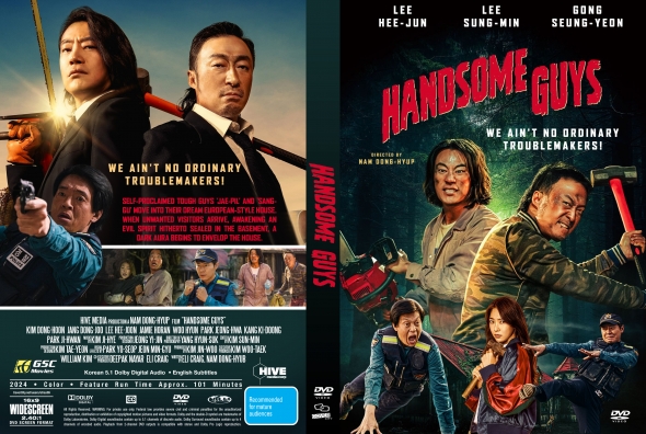 Dual Handsome Guys posters: left panel with two sword-wielders; right panel with ensemble cast and red title.