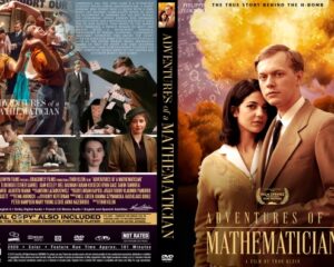 Dual-view DVD case for Adventures of a Mathematician: front cover shows a man in a tan suit with a woman, orange explosion in the background; back cover features a collage of scenes and cast text.