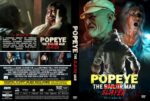 Front and back DVD cover for Popeye the Sailor Man Slayer, a horror parody. Shows Popeye in a sailor outfit with a bloodied face and a screaming woman, bold yellow title and dark, dramatic artwork conveying a horror/ spoof theme.