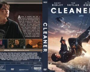 Front and back of the DVD case for the action thriller 'Cleaner': front shows an intense cityscape chase with two figures leaping from a rooftop and a bold title, back includes a synopsis and small scene thumbnails.