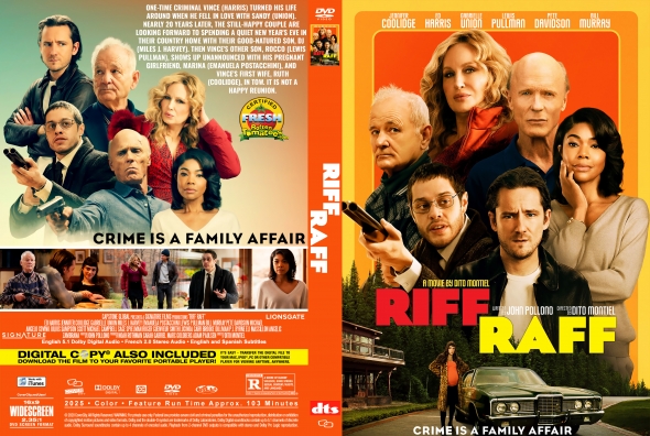 Front and back DVD cover for a film titled Riff Raff; colorful collage of characters with a bold RIFF RAFF title and the slogan 'Crime is a family affair.'