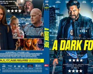 Front cover of the DVD for A Dark Foe: a detective in a blue jacket with a gun stands against a cityscape at night, bold yellow title across the image, with supporting characters surrounding him.