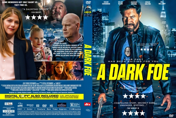Front cover of the DVD for A Dark Foe: a detective in a blue jacket with a gun stands against a cityscape at night, bold yellow title across the image, with supporting characters surrounding him.