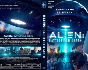 Front and back DVD cover for 'Alien: Battlefield Earth' with a colossal alien head, glowing blue beam, and city skyline.