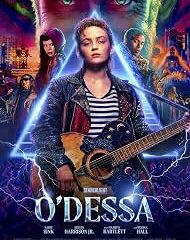 Movie poster for Odessa: a young woman with a guitar at center, neon blue lightning, and a supporting cast in the background.