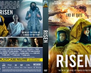 Front cover of the movie Risen: two people in yellow hazmat suits with an apocalyptic explosion behind them and the title Risen at the bottom.