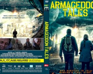 Armageddon Tales DVD cover: two people with backpacks walk toward a burning, ruined city as the yellow title spans the top.