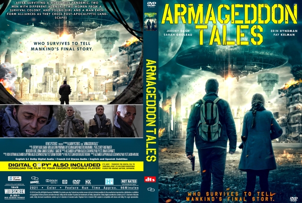 Armageddon Tales DVD cover: two people with backpacks walk toward a burning, ruined city as the yellow title spans the top.