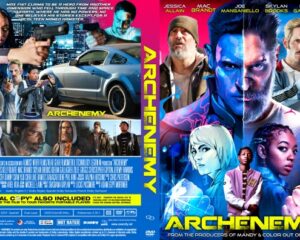 Movie poster for ArchEnemy featuring a blue-lit, menacing central figure with an ensemble of heroes and a neon city backdrop; bold yellow ArchEnemy title at the bottom.