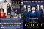 Front cover of the House of Gucci DVD: blue-clad ensemble with Lady Gaga, bold yellow title, and “Inspired by the True Story” tagline.