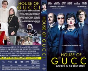 Front cover of the House of Gucci DVD: blue-clad ensemble with Lady Gaga, bold yellow title, and “Inspired by the True Story” tagline.