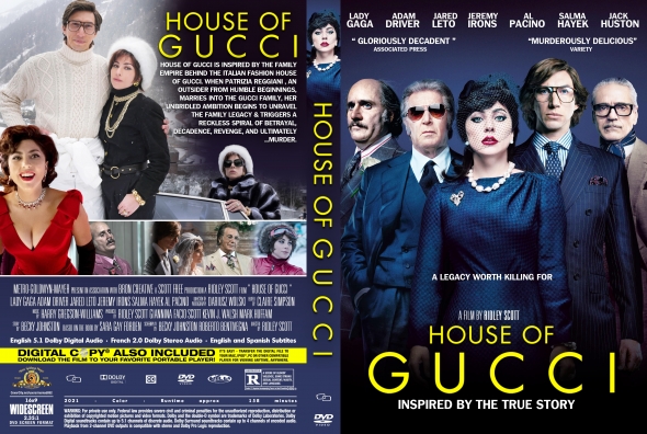 Front cover of the House of Gucci DVD: blue-clad ensemble with Lady Gaga, bold yellow title, and “Inspired by the True Story” tagline.