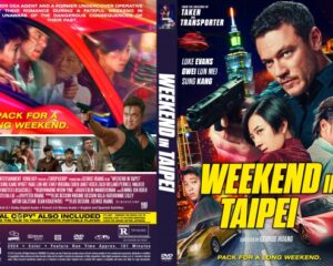 Movie cover for Weekend in Taipei featuring a man aiming a gun and a woman in a neon-lit Taipei cityscape with a red sports car in the foreground.