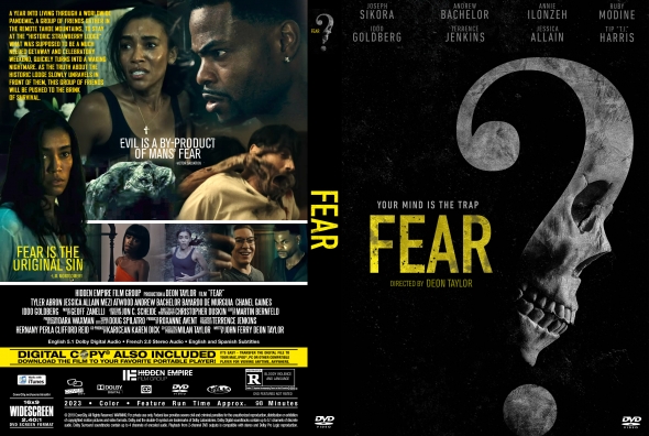 Front of a DVD cover for the thriller Fear: a gray skull with 'FEAR' in yellow and the tagline 'Your mind is the trap'; back shows a collage of the cast with taglines and a yellow spine reading 'FEAR'.