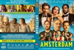 Movie poster for Amsterdam with a collage of the ensemble cast, bright blue sky and the bold yellow AMSTERDAM title across the bottom edge of the cover.