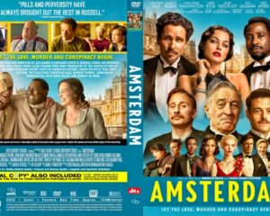Movie poster for Amsterdam with a collage of the ensemble cast, bright blue sky and the bold yellow AMSTERDAM title across the bottom edge of the cover.