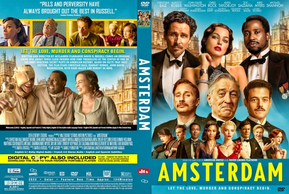Movie poster for Amsterdam with a collage of the ensemble cast, bright blue sky and the bold yellow AMSTERDAM title across the bottom edge of the cover.