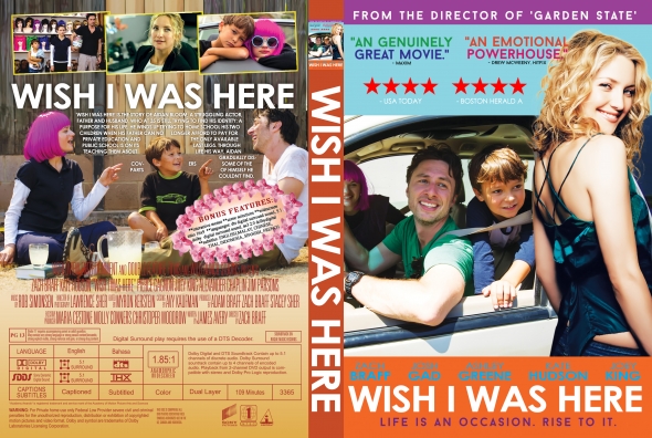 Front and back of a Wish I Was Here DVD cover: front shows the movie title with a collage of family scenes; back includes quotes, star ratings, and a man and boy in a car with a woman in a blue dress.