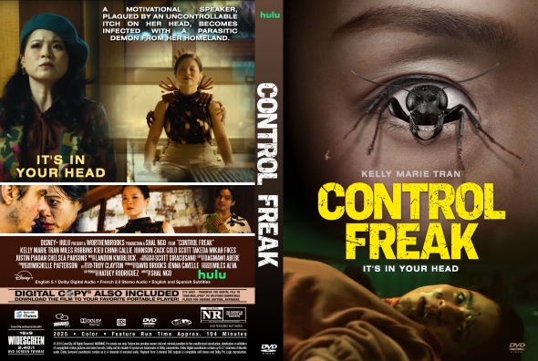 DVD cover for the film Control Freak: left panel collage of characters, right panel features a close-up eye and bold yellow title 'CONTROL FREAK' with a dark, dramatic vibe.