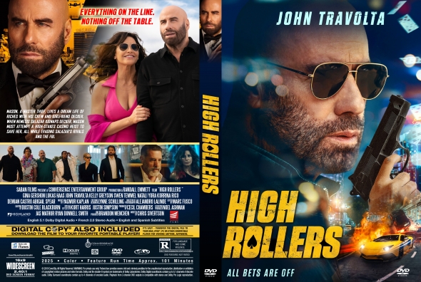 DVD cover for the action thriller High Rollers featuring John Travolta in sunglasses, holding a pistol against a blazing city scene, with the bold yellow title 'High Rollers' and tagline 'All bets are off'.