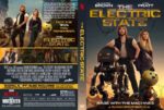Front cover of The Electric State DVD: a man and a woman stand with a small robot and a yellow round robot against a warm, sunset sky; bold gold title above.