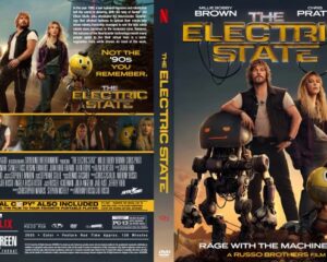 Front cover of The Electric State DVD: a man and a woman stand with a small robot and a yellow round robot against a warm, sunset sky; bold gold title above.