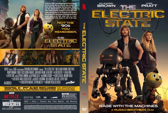 Front cover of The Electric State DVD: a man and a woman stand with a small robot and a yellow round robot against a warm, sunset sky; bold gold title above.