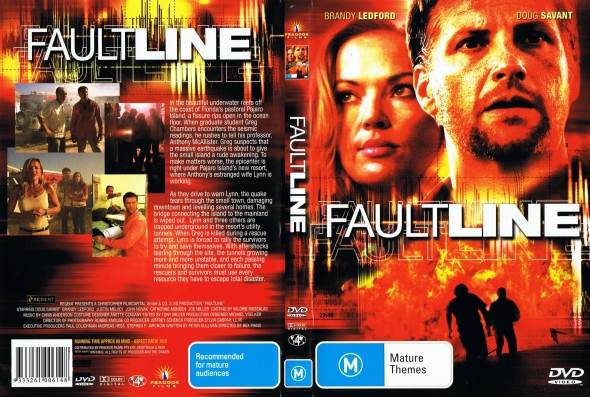 Fault Line DVD cover featuring two lead characters’ faces against a blazing orange backdrop with the bold title.