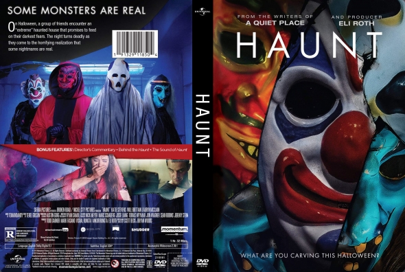 Front and back DVD cover for Haunt: masked horror figures on the front; back panel shows stills, synopsis text, and barcode.