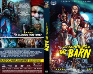 Front-and-back DVD case for 'There’s Something in the Barn'; front shows a group of characters against a bright, starry horror-comedy poster with a bold yellow title.