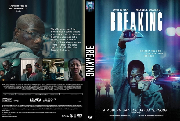 DVD cover for the film Breaking; features a man in a hoodie holding a phone with police lights in the background (blue neon) and bold title on the right sleeve side and front art on the right panel.