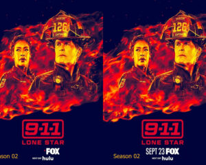 Pair of mirrored 9-1-1: Lone Star season 2 posters showing a firefighter and a woman against flames, with FOX and Hulu logos.