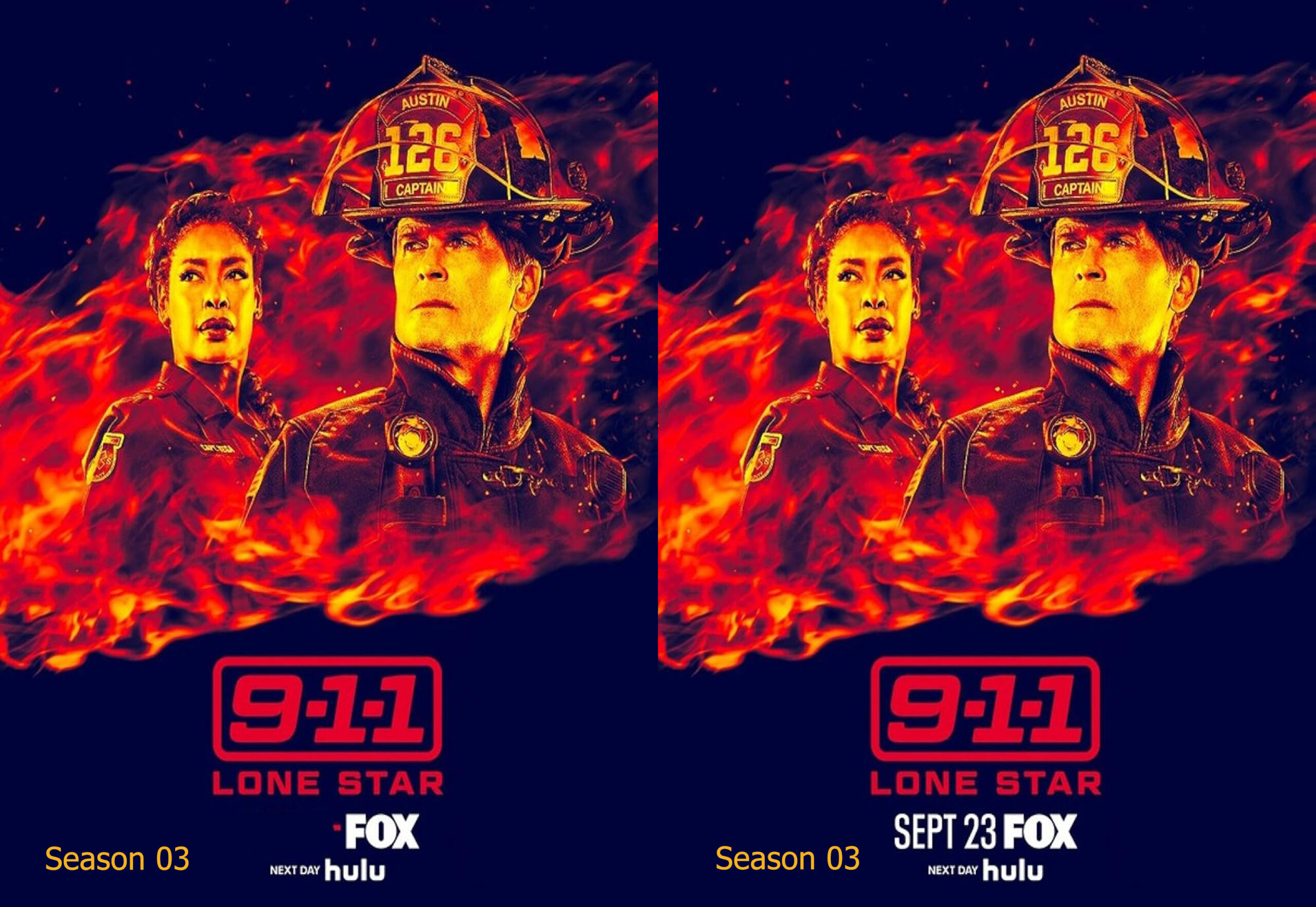 Two identical 9-1-1: Lone Star posters side by side featuring two firefighters amid flames; Season 03 text visible, plus FOX and Hulu logos.