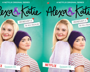 Dual posters promoting Netflix series 'Alex & Katie' with two smiling women against a teal background and 'Season 01' banner.
