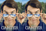 Split-image portrait of a man lifting sunglasses to reveal blue eyes against a rocky outdoor backdrop, with 'Season 01' text and large white letters below.