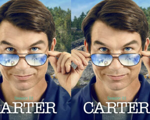 Split-image portrait of a man lifting sunglasses to reveal blue eyes against a rocky outdoor backdrop, with 'Season 01' text and large white letters below.