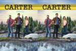 Promotional image for Carter season 02: three people stand at a crime scene by a river, with a covered body and yellow evidence markers on the ground