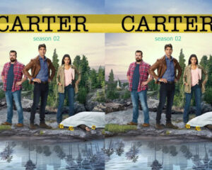 Promotional image for Carter season 02: three people stand at a crime scene by a river, with a covered body and yellow evidence markers on the ground