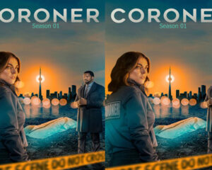 Promotional poster for CORONER Season 01 with a woman in a jacket, a man in a suit, skyline at sunset, and police caution tape.