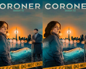 Poster for CoronER Season 02: woman in foreground, man in suit, city skyline at sunset, yellow caution tape in the foreground.