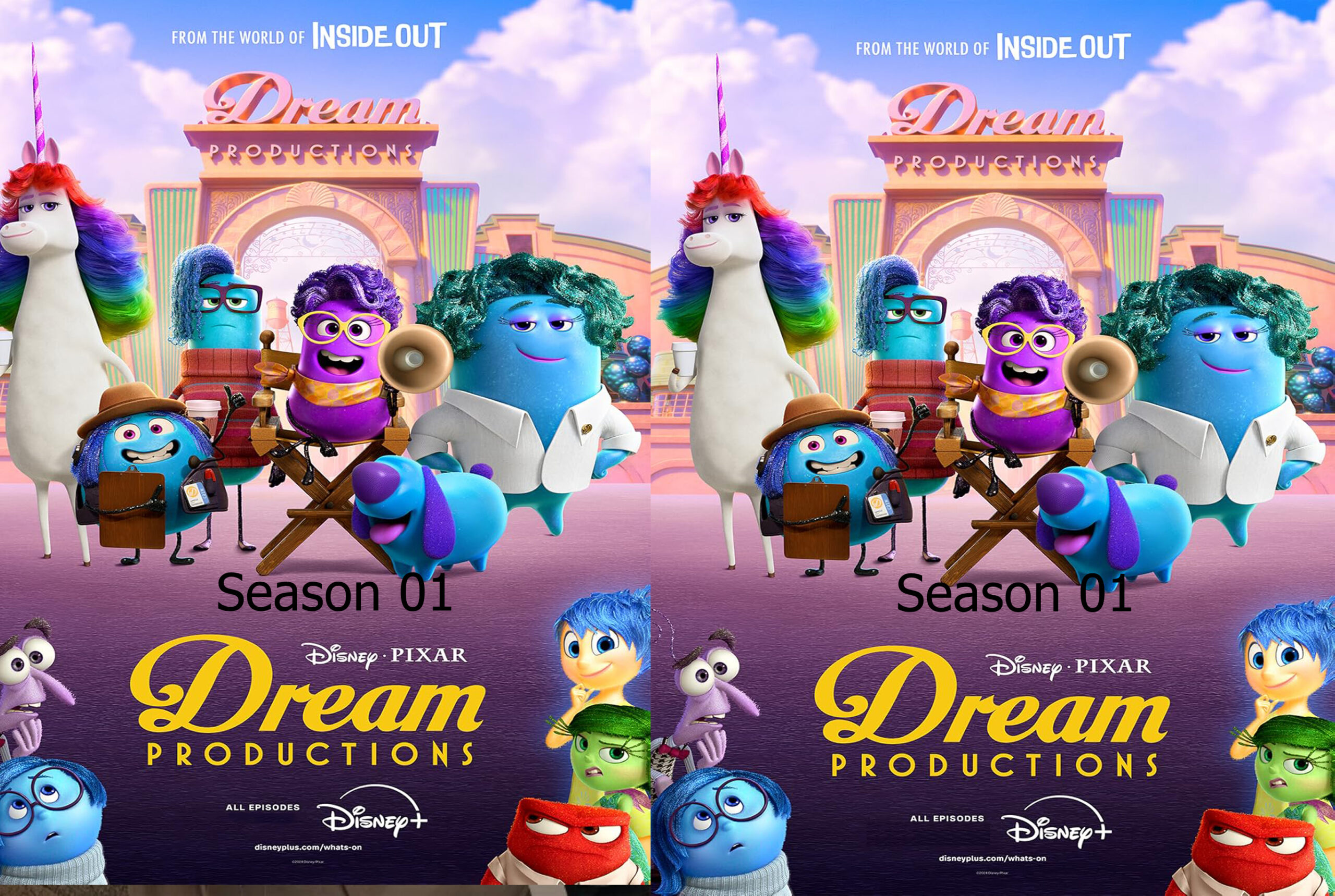 Promo poster for Dream Productions featuring Inside Out characters and Disney+ branding, with 'Season 01' text on both sides.