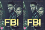 Poster for FBI Season 3 featuring a man and woman with serious expressions against a dark city backdrop and a large yellow 'FBI' title; twin panels.