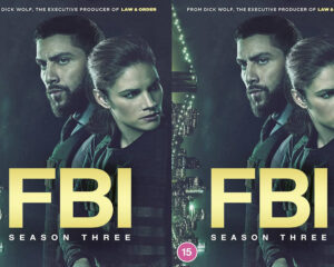 Poster for FBI Season 3 featuring a man and woman with serious expressions against a dark city backdrop and a large yellow 'FBI' title; twin panels.