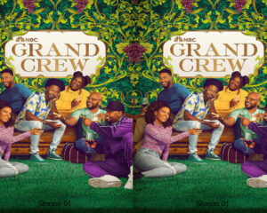 Promotional poster for NBC's Grand Crew featuring a diverse group of friends enjoying wine against a grapevine backdrop.