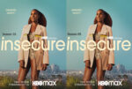 Two mirrored HBO Insecure promotional posters: a woman in a beige trench coat against a blue skyline, with 'Final Season', 'Season 05' and 'Onward, Okay?!' text visible. (Left and right panels are identical.)