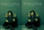 Two identical photos side by side of a woman in a fur‑trim parka sitting cross‑legged on the floor against a green wall.
