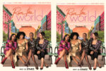 Side-by-side posters for Run the World, Season 01 on STARZ, showing four stylish women sitting on a bench against a colorful Harlem street scene at sunset