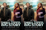 Poster for Sky Original 'Small Town, Big Story' showing a man in a dark jacket and a woman in a red coat holding a folder, with a town background and a mirrored duplicate of the scene beside it.