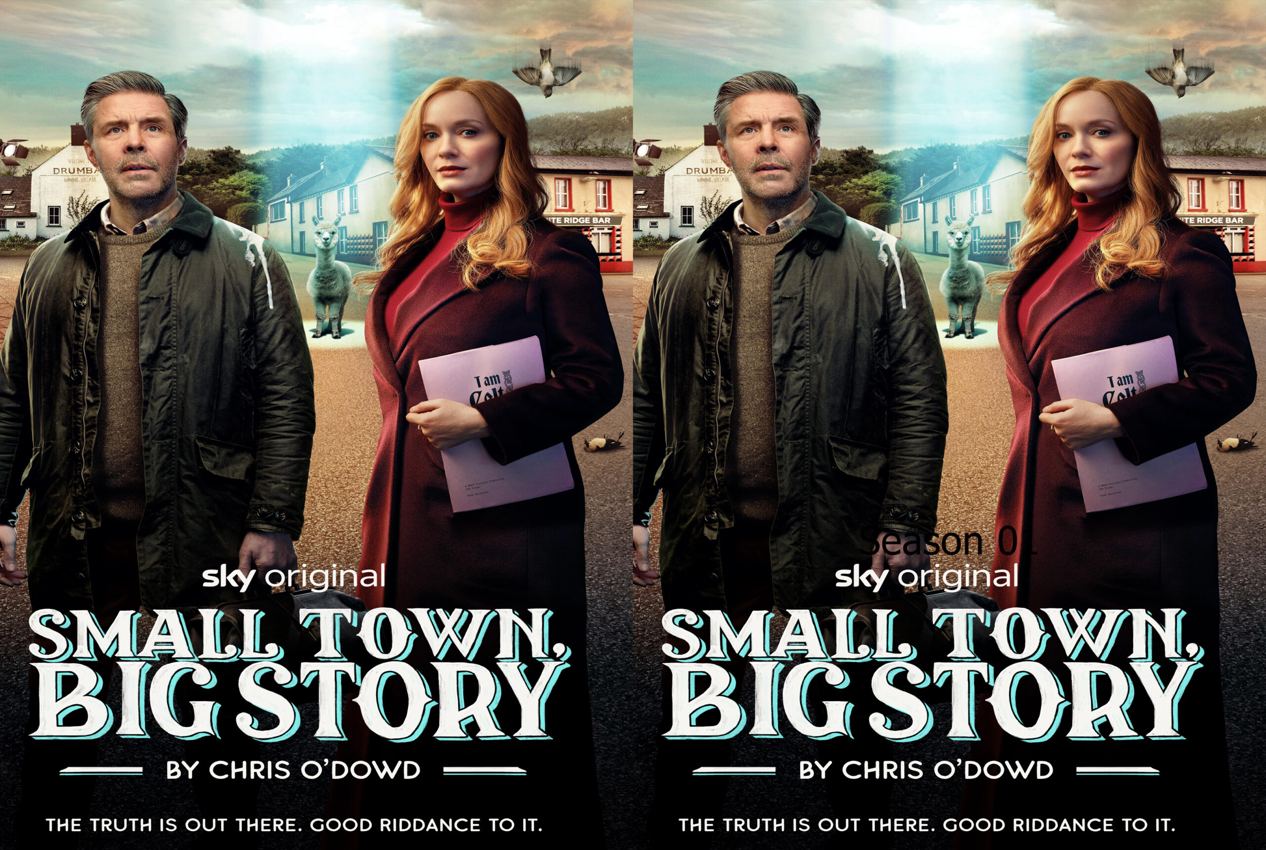 Poster for Sky Original 'Small Town, Big Story' showing a man in a dark jacket and a woman in a red coat holding a folder, with a town background and a mirrored duplicate of the scene beside it.
