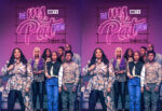 Group of diverse performers in camouflage outfits standing together on a stage with a neon sign reading 'The My Show' and 'Season 01' in the background (left panel).